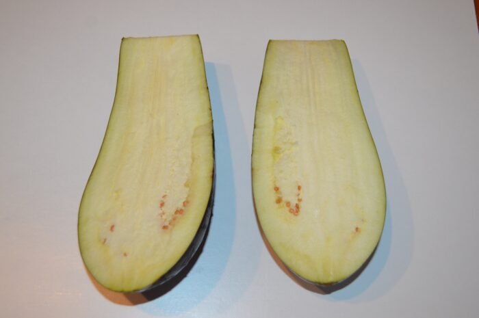 Whole eggplant washed, then sliced lengthwise into two halves