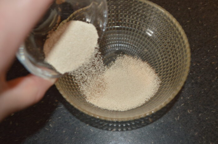 Place the dry yeast in a small bowl and add a little lukewarm water at room temperature