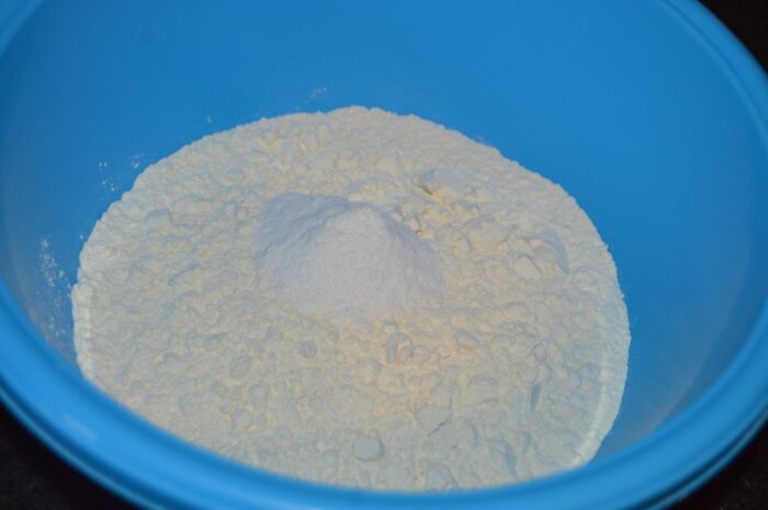 Dry ingredients – flour and baking soda combined in a clean mixing bowl