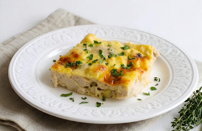 Slices of baked chicken and cottage cheese casserole
