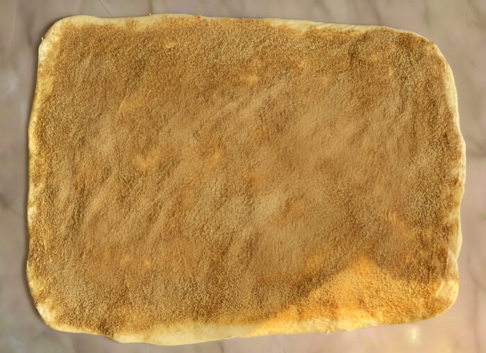 Dough rectangle coated with butter and covered in cinnamon sugar