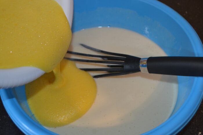 Light, foamy eggs folded into the batter to create a loose, pourable mixture