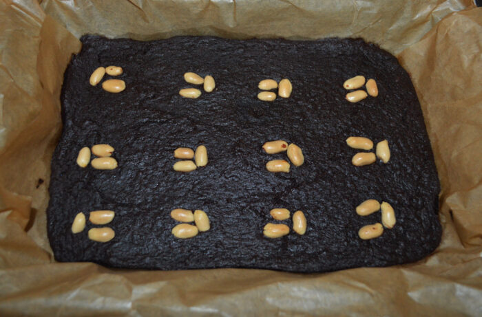 Banana peanut brownie baking in the oven