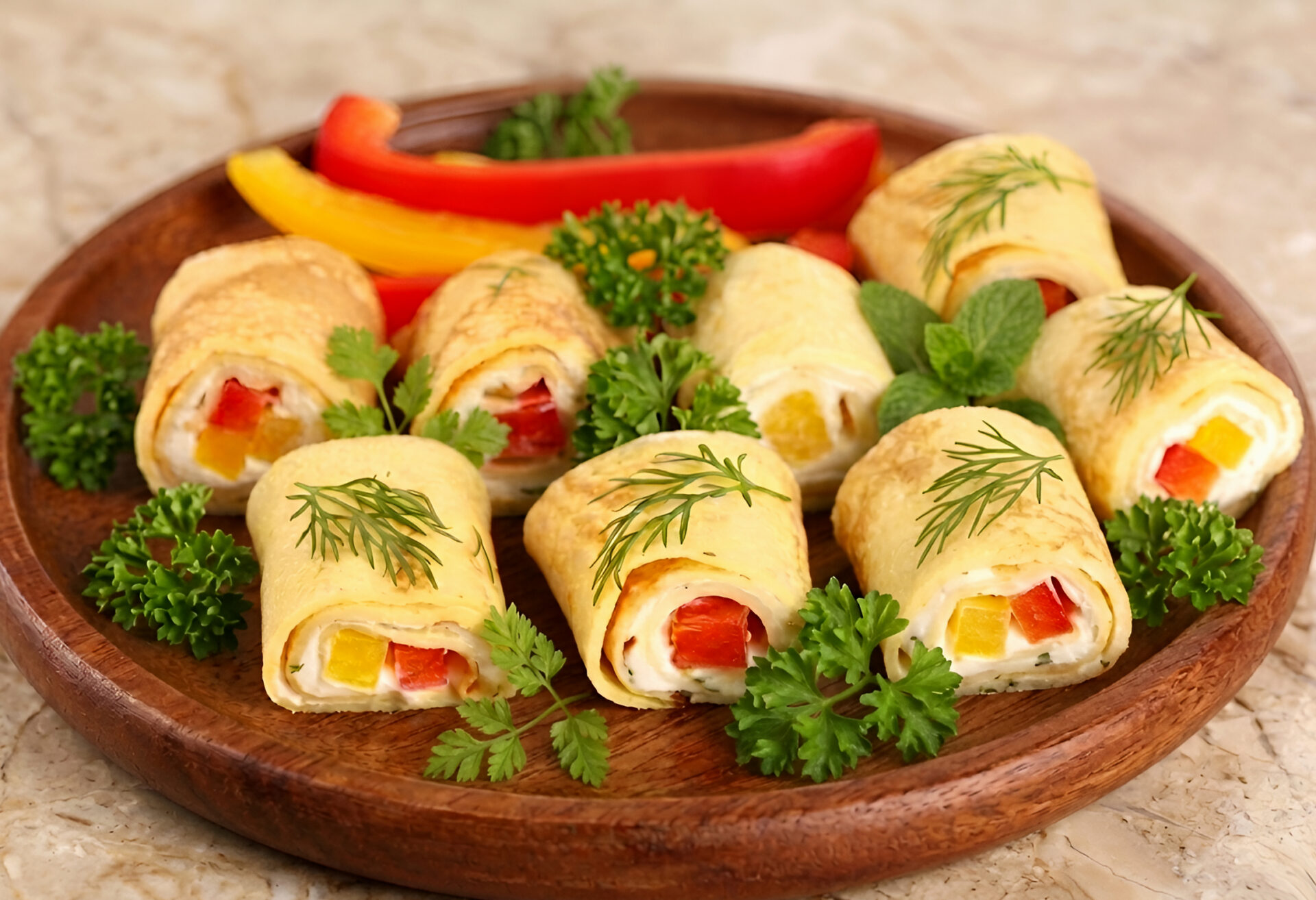 Omelette Roll-Ups with Cream Cheese and Bell Peppers
