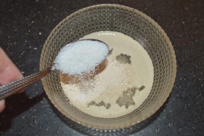 Mezcla de levadura con espuma formándose bajo un plato